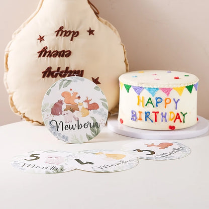 Newborn Baby Growth Milestones 0-12 Months Wooden Card With Box Photo Accessory Cartoon Animal Picture Souvenir Wooden Baby Gift