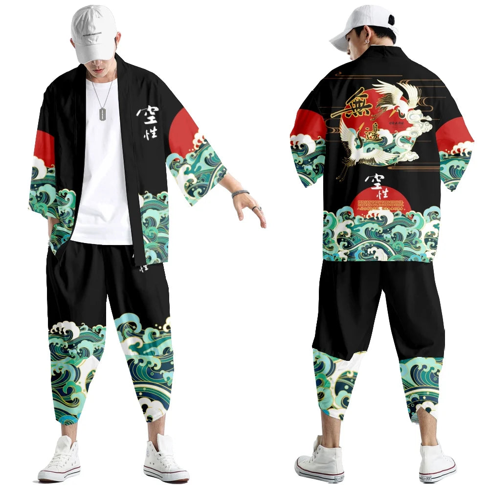 Large Size 5XL 6XL Japanese Kimono Cardigan Pants Set Print Fox Men Women Shirt Tradition Yukata Haori Obi Cosplay Costume