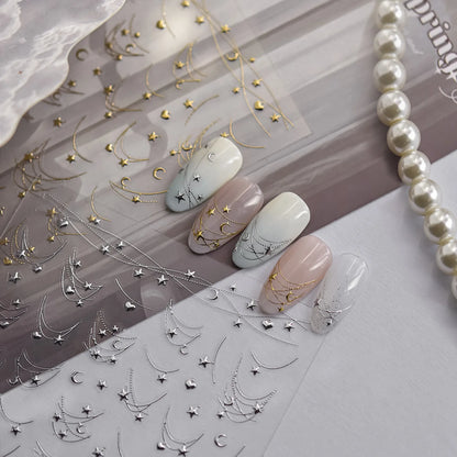 1Pcs 5D French Star Moon Chains Nail Art Stickers Gold/Silver Curved Lines,Starlight Nails Slider Self-Adhesive Manicure Decal &