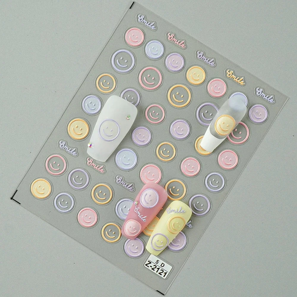 5D Exquisite Smiling Face Nail Stickers Embossed Japanese Macaron Nail Art Self-Adhesive Decorations Accessories DIY