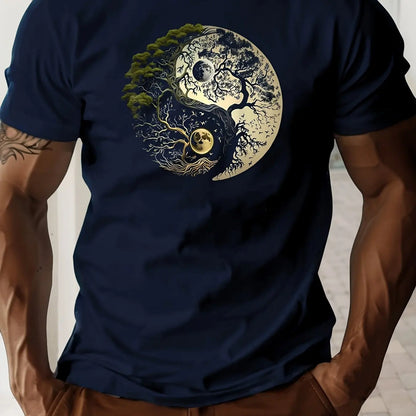 Men's Summer 100% Pure Cotton Casual Loose Sports T-Shirt Yin-Yang Tree Pattern Print round Neck Short-Sleeved Top