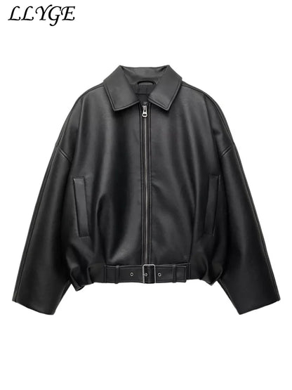 Street Women's Belt Leather Jackets Loose Lapel Zipper Long Sleeve Pockets Female Coats 2026 Autumn Lady Fashion Y2k Outwear