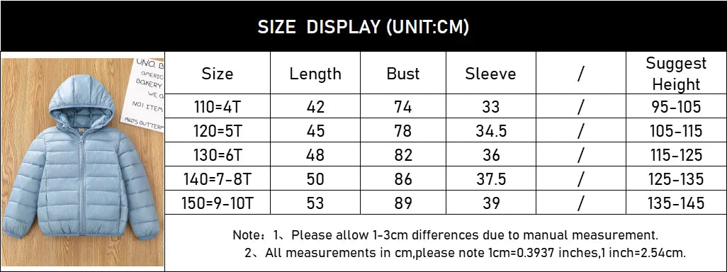 Autumn Children Lightweight Down Coat Winter Boys Girls Solid Hooded Outerwear For 4-10 Years Kids Cotton Clothes Warm Jacket