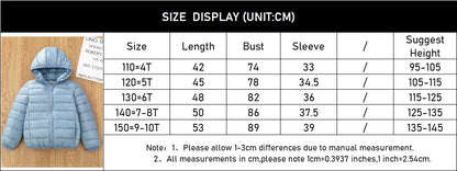 Autumn Children Lightweight Down Coat Winter Boys Girls Solid Hooded Outerwear For 4-10 Years Kids Cotton Clothes Warm Jacket