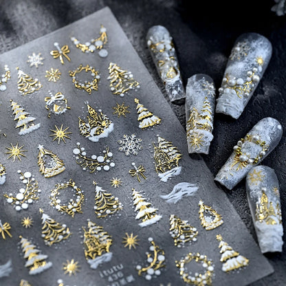 5D Embossed Gold Castle/Garland/Christmas Tree Nail Stickers White Snowflakes Bow Star Nail Decals Self-Adhesive Xmas Nail Decor