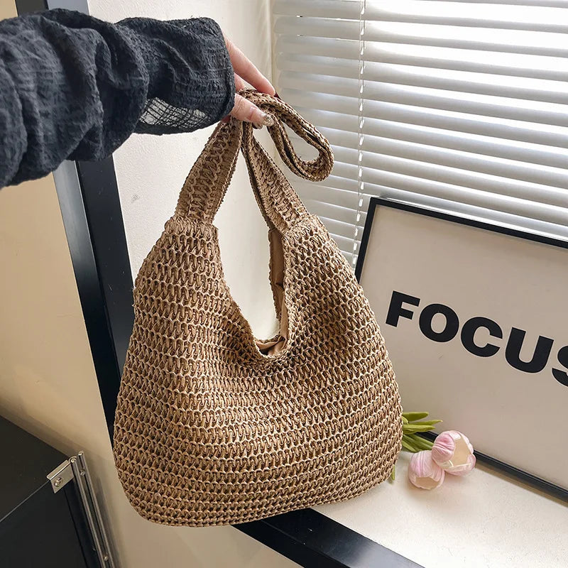 Homefish Women Woven Rattan Straw Tote Bag Large Capacity Summer Beach Shoulder Handbag Casual Ladies Travel Crossbody Purses