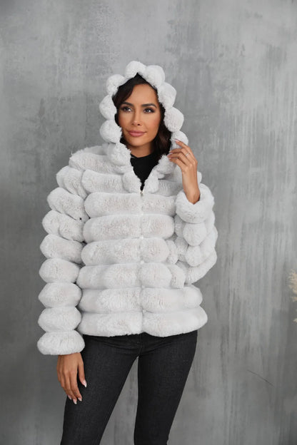 2026 Faux Fur Women Coats Hooded Full Sleeve Short Coat Zipper Thick Warm Solid Temperament Elegant Splice Autumn Winter