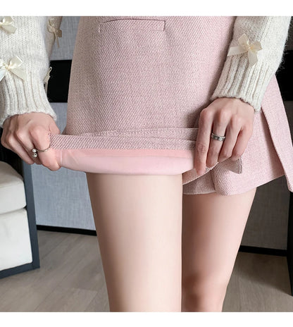 Autumn Winter Tweed Skirts Shorts Women Fashion Streetwear Cross Irregular Booty Shorts Pink Black Culottes Wide Leg Short Pants