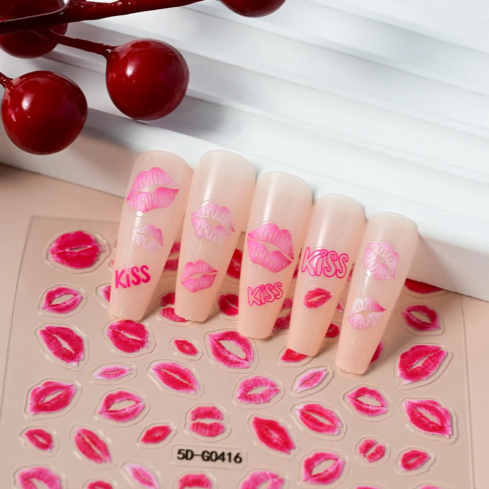 1sheet 5D Sexy Red Lips Nail Decal Stickers KISS Love Heart Valentine's Day Self-adhesive Nail Slider DIY Romantic Nail Decor