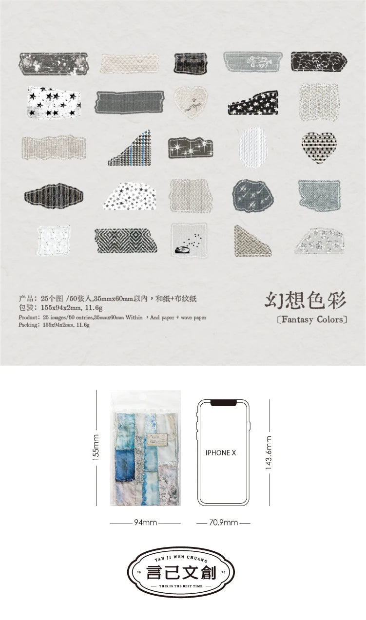 Journal GO 50pcs Dual Material Cloth Fabric Textured Stickers for Photo Frame Collage Junk Journal Scrapbooking diy Material