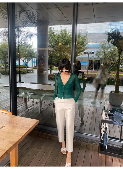 Women Shiny Gold Thread Spring Summer Ice Silk Knitted Cardigan Ribbed Pearl Button Sun Protection Top V-neck Ice Silk Knitwear