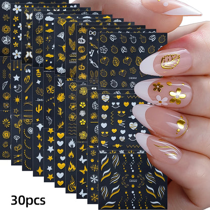30 Sheets Christmas Nail Art Stickers Self Adhesive 3D White Snowflake Nail Decals Xmas Nail Supplies Christmas Manicure Sliders