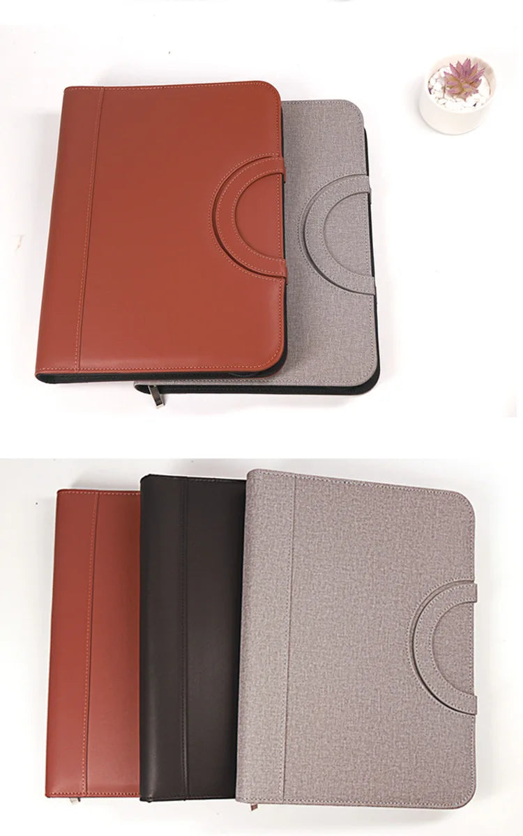 PU leather A4 zipper calculator binder conference file pad folder briefcase tablet portable circular handle file bag