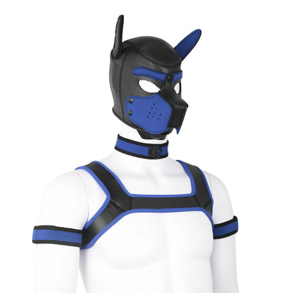 Large Size Puppy Cosplay Neoprene Fetish Hood Mask Kit with Chest Strap Collar Armband Sex Costumes for Bdsm Slave Role Play