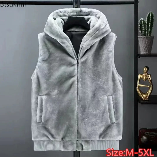 2026 Autumn Winter Men's Thicked Golden Velvet Warm Vest Fashion Solid Sleeveless Zipper Hooded Jacket Fake Fur Couple Waistcoat