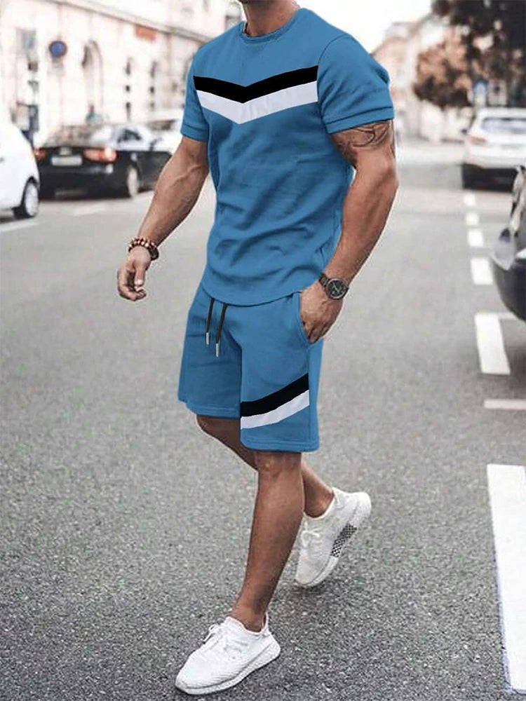 Summer Men's Stripe Print Short Sleeve Tee Elastic waist Shorts 2 Pieces Set Plus Size Loose O-Neck T-shirt Pockets Shorts Set