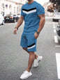 Summer Men's Stripe Print Short Sleeve Tee Elastic waist Shorts 2 Pieces Set Plus Size Loose O-Neck T-shirt Pockets Shorts Set