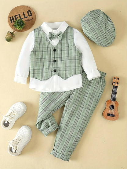 Boys and gentlemen's clothing, plaid four piece shirt+vest+pants+hat