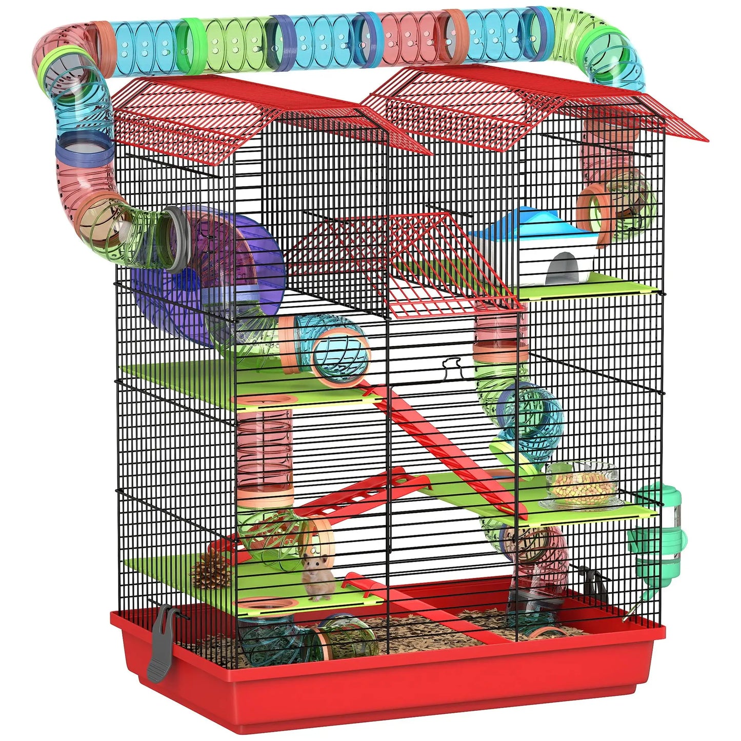 5-level metal hamster cage 47x30x59 cm with wheel, tunnel, house, ramps, drinking bowl & food dispenser for small animals