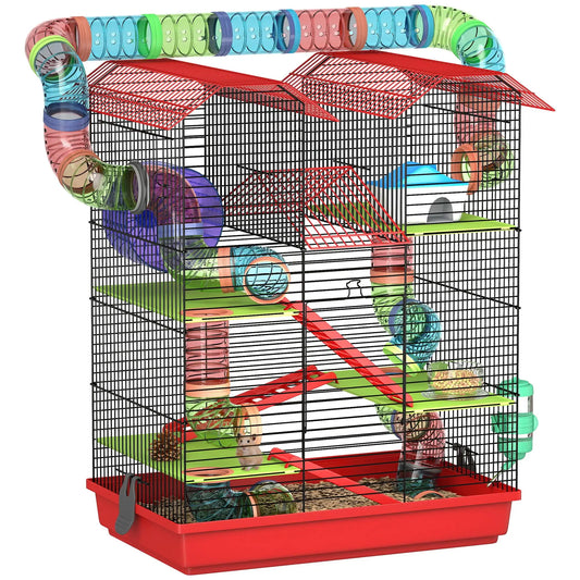 5-level metal hamster cage 47x30x59 cm with wheel, tunnel, house, ramps, drinking bowl & food dispenser for small animals