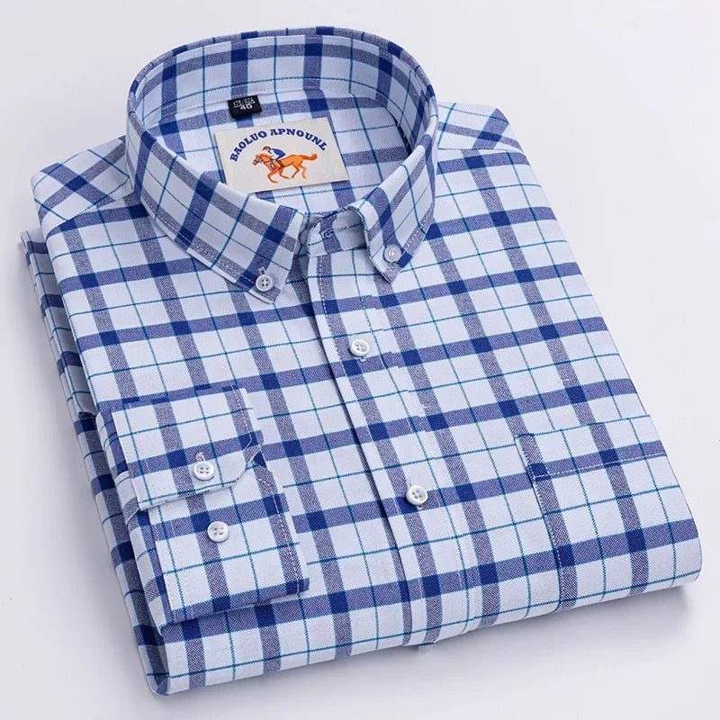 Casual Pure Cotton Oxford Mens Shirts Long Sleeve Embroidery Horse Design Regular Fit Fashion Button Man White Dress Shirt