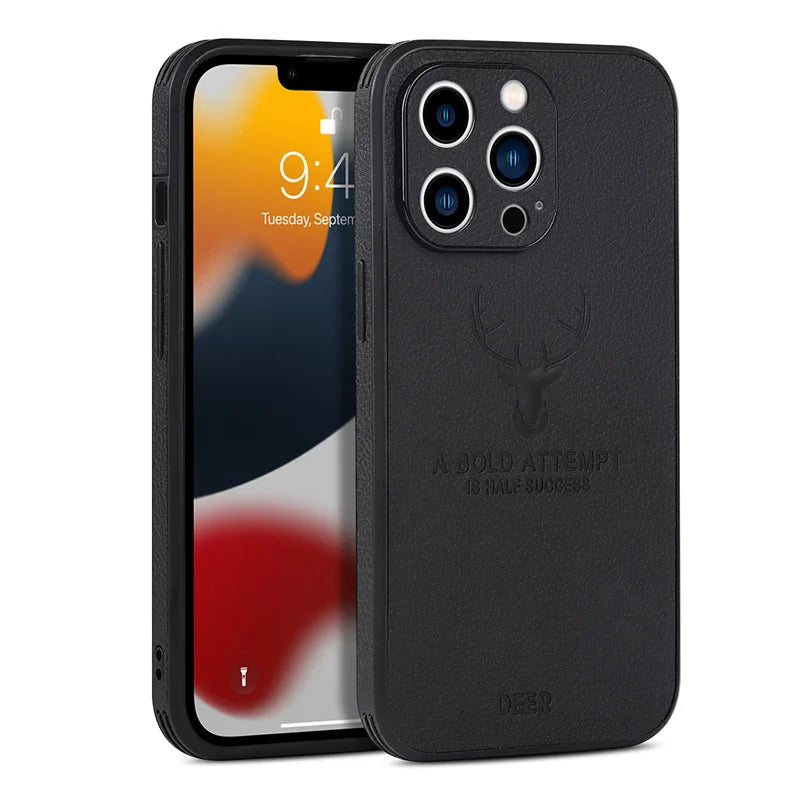 Luxury Business Leather Bumper Case For iPhone 17 Air 16 15 14 13 12 11 Pro Max Mini Plus Shockproof Soft Deer Head Back Cover