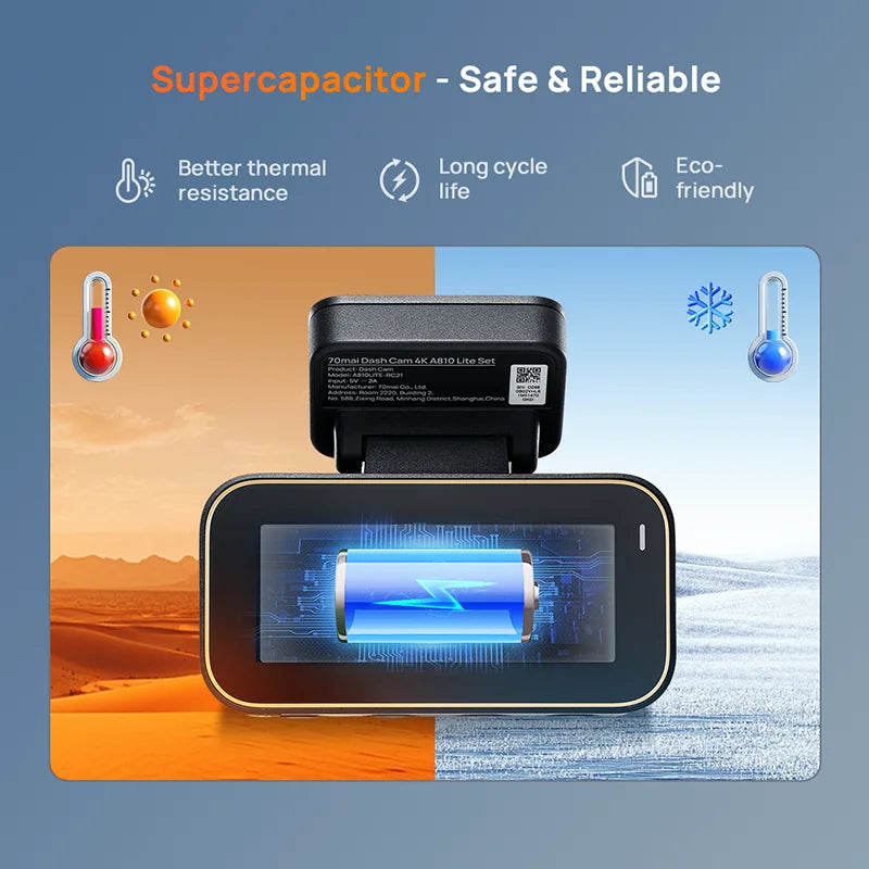 70mai Dash Cam A810 Lite 4K HDR + 1080P, Supercapacitor 4G LTE Remote Control Wi-Fi 6 GPS Voice Control Car DVR 70mai A810 Lite