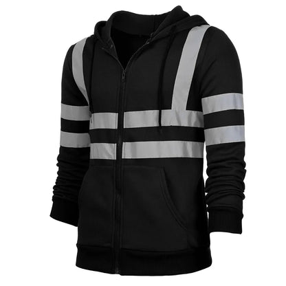 Men Reflective Strip Hoodies Casual Fit Work Safety Jackets Autumn Thin Fleece Hooded Zipper Sweatshirt Coats Workwear For Men