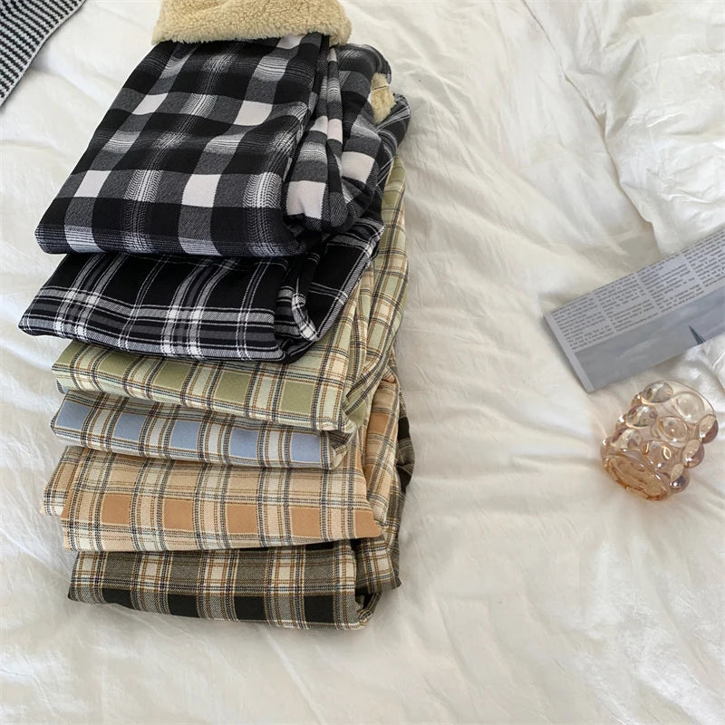 JMPRS Fashion Warm Plush Pants Thick Plaid Women Casual Loose Wide Leg Trousers Korean Streetwear Straight Student Pants New