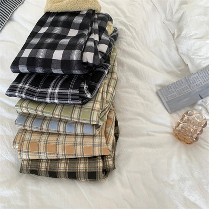 JMPRS Fashion Warm Plush Pants Thick Plaid Women Casual Loose Wide Leg Trousers Korean Streetwear Straight Student Pants New