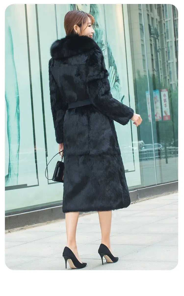 Real Rex Rabbit Fur Coat Women Autumn Winter Long Jacket Thick Warm New Fashion Fox Fur Collar Elegant Female Warm Outerwear