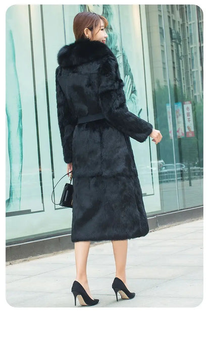 Real Rex Rabbit Fur Coat Women Autumn Winter Long Jacket Thick Warm New Fashion Fox Fur Collar Elegant Female Warm Outerwear