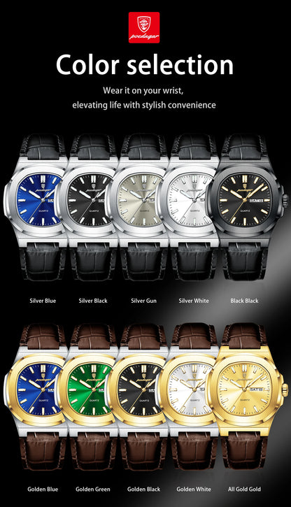 POEDAGAR Top Fashion Men's Quartz Watches Luxury Luminous Waterproof Man Clock Week Date Leather Business Men Watch Reloj Hombre