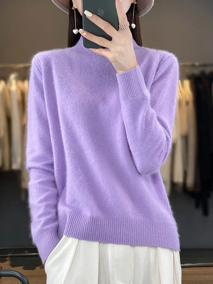 100% Mink Cashmere Sweater Women's Half High Collar Pullover Long Sleeve Cashmere Knitwear Fashion Autumn Winter Female Clothing