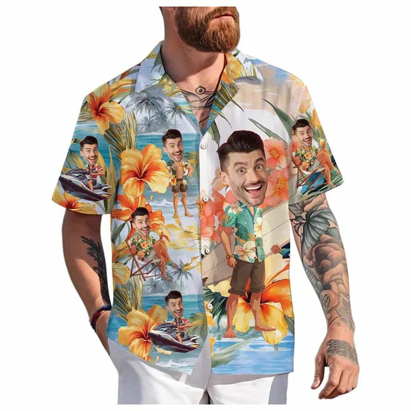Custom Face Hawaiian Shirt Unisex Funny Personalized 3D Printed Button Shirts 2025 Beach Short Sleeves Lapel Shirts DIY Blouses