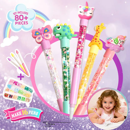 DIY Glitter Pen Making Kit Kids Craft Supplies 80+ Pieces Handmade Art Set Make 16 Pens Cartoon Decor Birthday Gift for Girls Bo