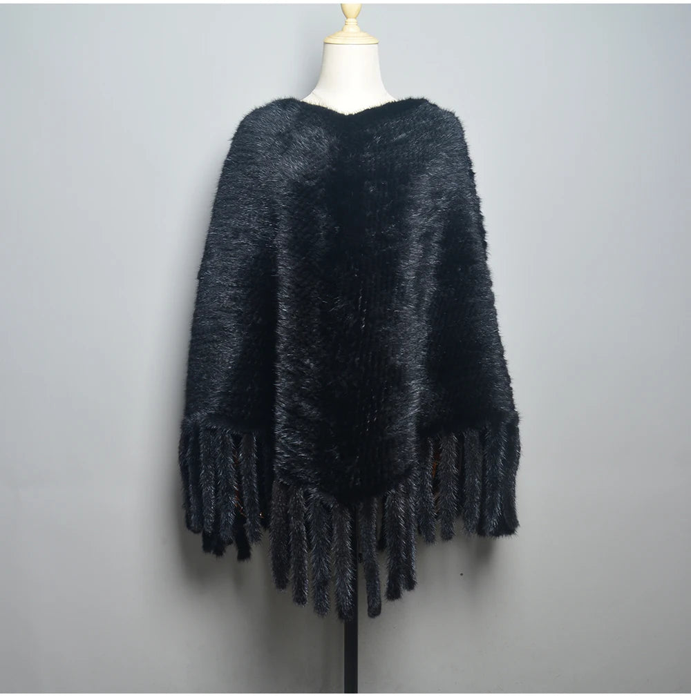 Fashion Women Fur Shawl Winter Knitted Real Mink Fur Stole With Fur Hood Knitted Mink Poncho Pashmina