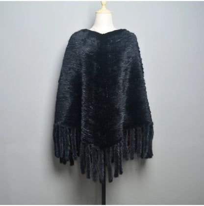 Fashion Women Fur Shawl Winter Knitted Real Mink Fur Stole With Fur Hood Knitted Mink Poncho Pashmina