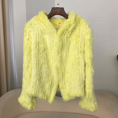 2024 Short Rabbit Fur Coat for Women Autumn Winter New Encrypted Thickened Handmade Double-sided Woven Hooded Korean Style