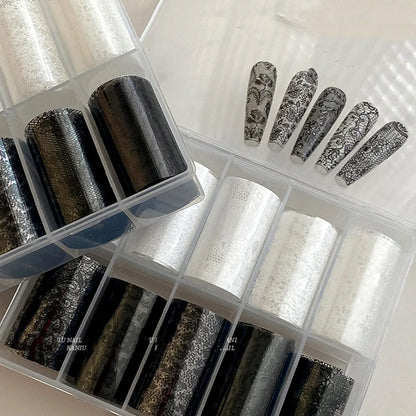 10 Rolls/Box New Black&White Lace Nail Transfer Stickers Sexy Lace Flower Full Wraps Nail Decals DIY French Manicure Decorations