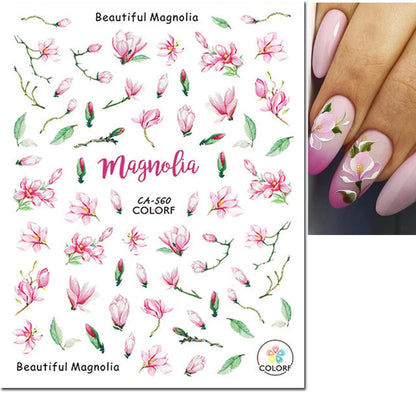 3d Nail Art Decals Watercolor Florals Purple Green Pink Flowers Leafs Fruit Adhesive Sliders Nail Stickers For Manicure