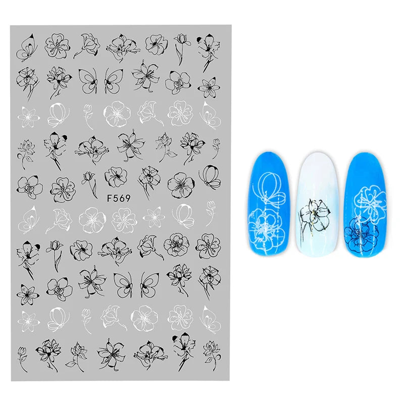 Black and White Love Flowers Line Art 3D Stickers Nail Decals Nail Art Accessories Butterfly Rose Nail Stickers Nail Sliders