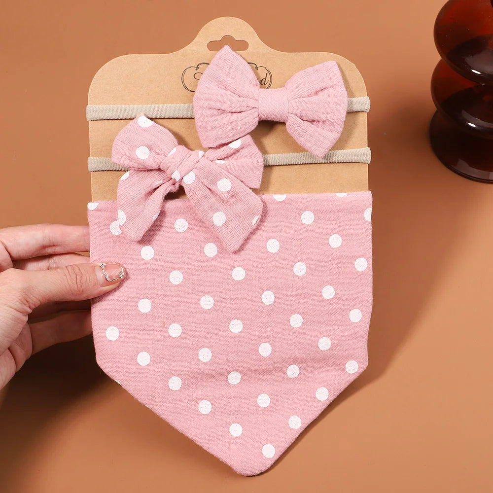 3Pcs/Set Muslin Cotton Print Bib Newborn Bows Headband Triangle Saliva Towel Infant Boy Girl Feeding Burp Baby Hair Accessories