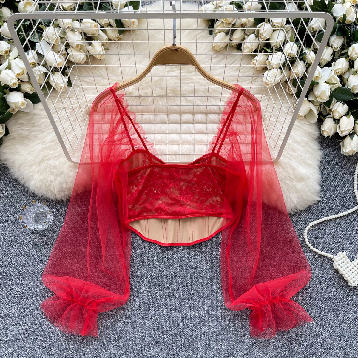 Women Chic Lace Mesh Sheer  Long Sleeve Backless Crop Top Solid Slim Sexy Korean Fashion Summer Women Shirt Square Collar
