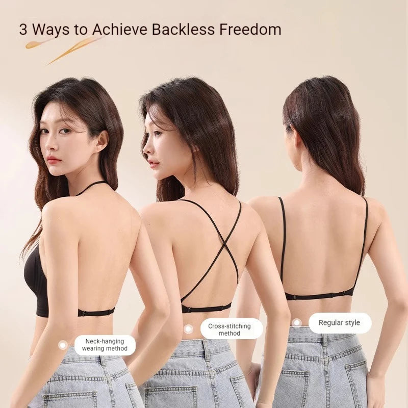 FINETOO Women's 3 Ways to Wear Halter Neck Backless Bralette Seamless Thin-Strapped Gather Bra Female Sexy Solid Color Underwear