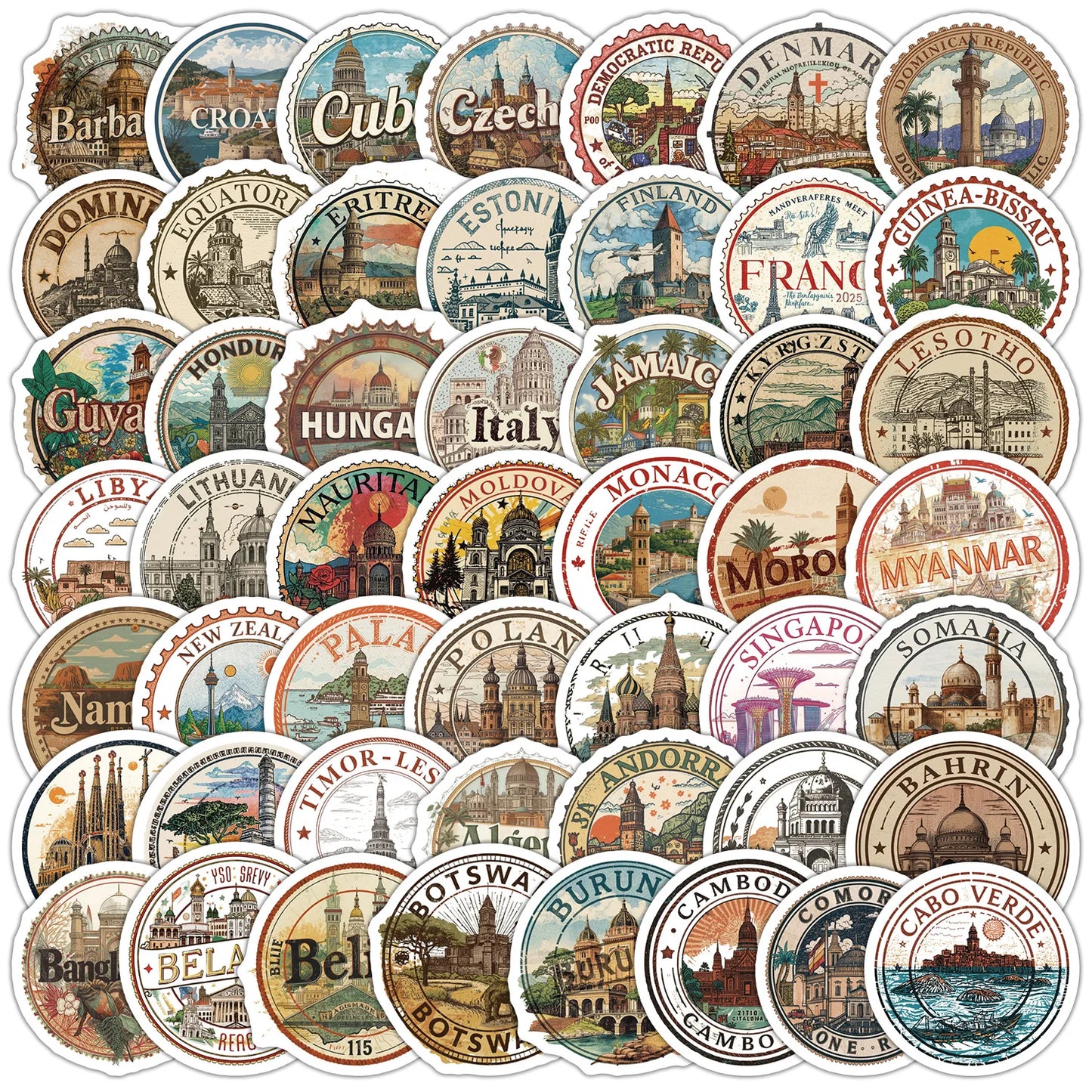 10/50PCS Country Name Stamp Stickers Cartoon Retro Graffiti Decoration Notebook Mobile Guitar Suitcase Refrigerator Toys Decals
