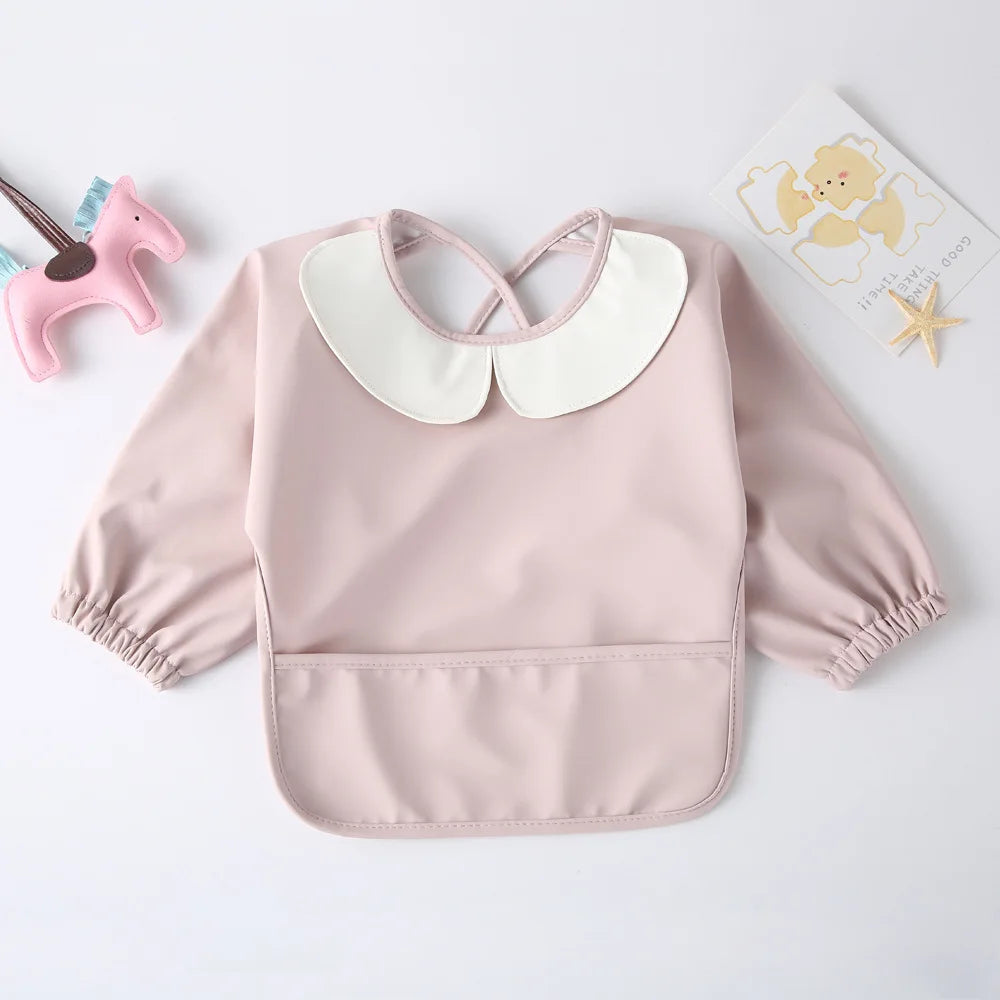 Easy Clean PU Full Sleeve Bib Baby Kids Solid Color Soft Faux Leather Children Apron Painting Meals Protection Waterproof Smock