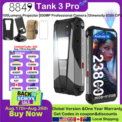 8849 Tank 3 Pro Unihertz Projector Rugged Smartphone 23800mAh 100Lumens 200MP Camera Android 15 Dimensity 8200 512G Outdoor IP68