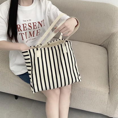 Striped Canvas Bag Beach Handbag Fashionable Women's Canvas Summer Large Capacity Shoulder Bag