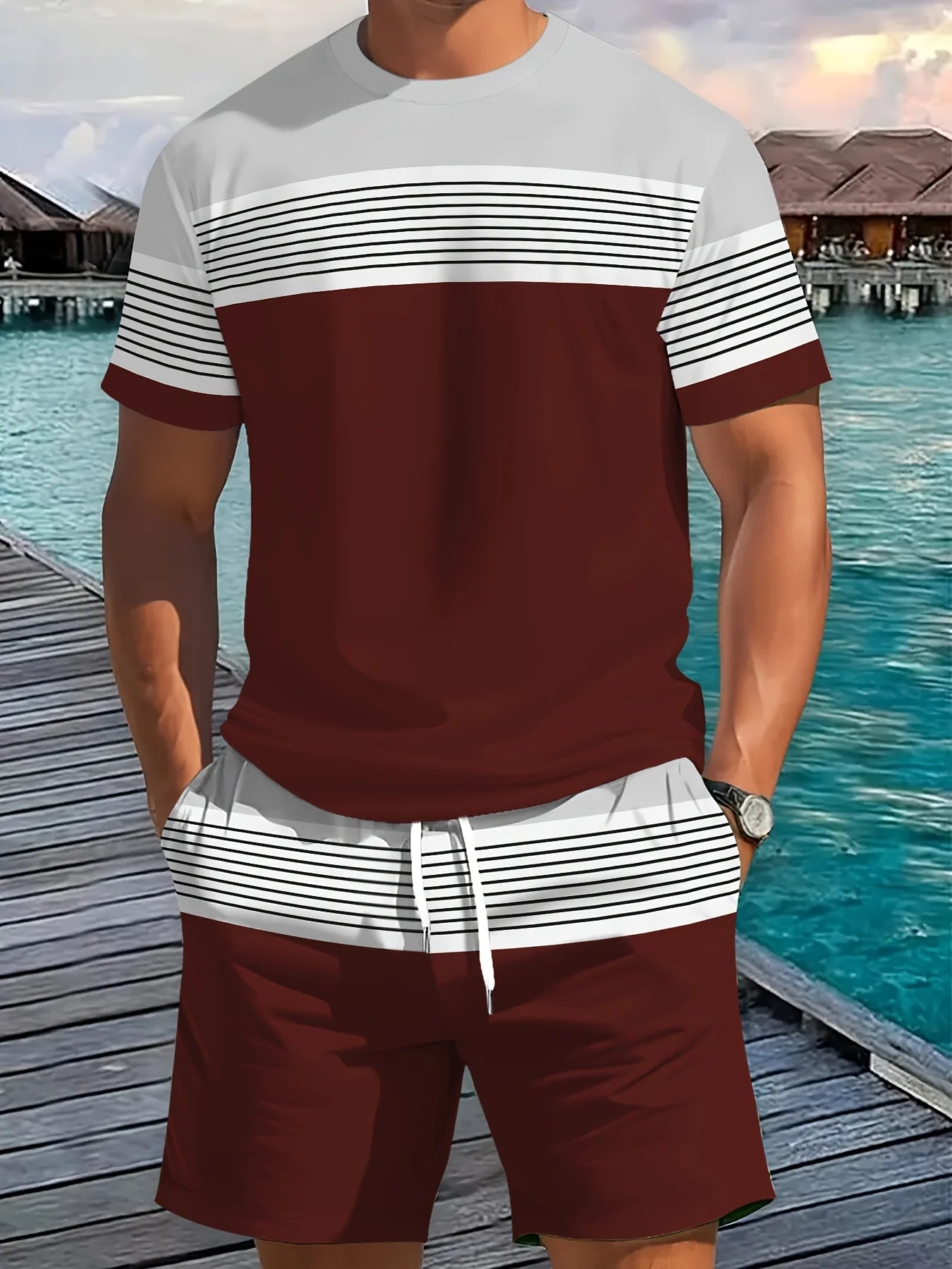 2026 Summer New Arrival Men's Casual Two-Piece Set Striped Print Short-Sleeve Shirt and Athletic Shorts Set Men's Fitness Set
